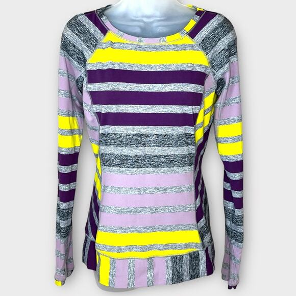 LULULEMON Race Your Pace Long Sleeve Top Gray Purple Yellow Stripe Size 6 - Picture 2 of 7
